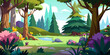 © candy house - a colorful cartoon illustration of a forest scene. It features tall trees with thick trunks and green foliage, some of which have yellow flowers. In the background, there are more trees