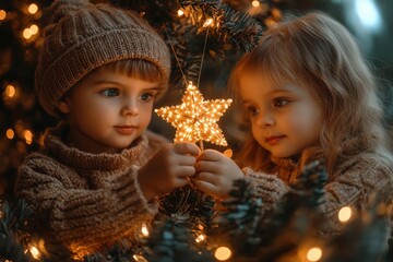 Wall Mural - Children placing a bright star on top of a Christmas tree, festive decor and twinkling lights, copy space for stock photo with minimal concept, No logo, No Trademark, No text