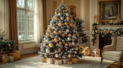 Wall Mural - elegant christmas tree with gold and silver ornaments being decorated in a luxurious living room, so