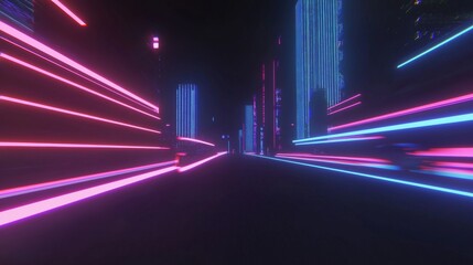 Leinwandbilder - The shapes of the neon fast speed light background are made up of 3D abstract technology glowing neon fast speed lights, while the reflection floor is made up of reflections, along with the virtual