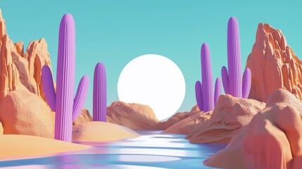 Aufkleber - An abstract surreal landscape with a lake and dune with a blank transparent circle. The scene is dreamy and fantastic with a minimal look.