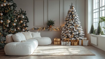 Wall Mural - simple and elegant christmas tree being decorated with white and gold ornaments, warm lighting and m