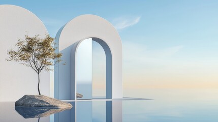 Aufkleber - In this 3D render, an arch mirror glass reflects a mountain with a golden tree and metallic ball set against a pastel dune background with a pastel lake.