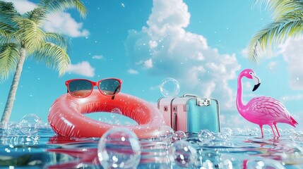 Poster - This is a 3D render of a summer background with empty podium displays and minimal elements, as well as a beach and sea scene for mockup.