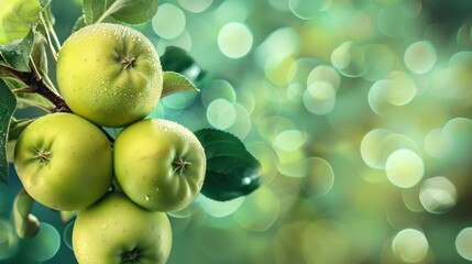 Ripe beautiful green apple fruit on tree in plantation farm orchard