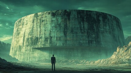 Wall Mural - A man stands in front of a large, green structure