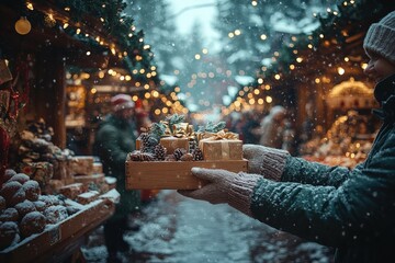 Wall Mural - outdoor christmas market scene, friends exchanging small gifts with festive stalls and lights in the