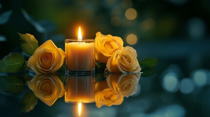 Sticker - A beautiful candle surrounded by fresh yellow roses creates a warm and romantic atmosphere. This image captures the essence of love and serenity. Perfect for celebrations. AI