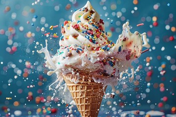 Wall Mural - A colorful ice cream cone topped with vibrant sprinkles, perfect for a sweet treat or dessert