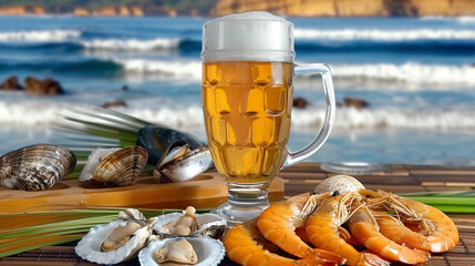 Panoramic view of a seafood feast, a variety of shellfish and crustaceans, a bright and airy setting of a coastal restaurant, sunny day