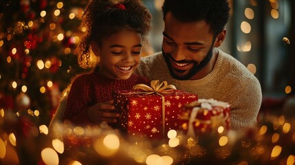 Wall Mural - family gathered around a brightly lit christmas tree, exchanging gifts with excitement and joy, copy