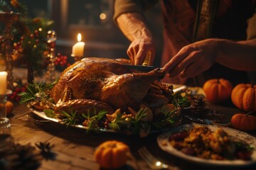 A person cutting a turkey with a knife on a table