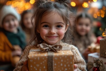 Wall Mural - childrens christmas party, exchanging gifts with friends, colorful decorations, joyful faces, copy s