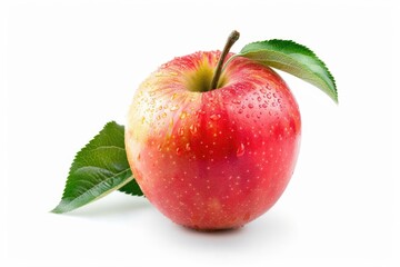 A single red apple sits on a white surface, accompanied by a green leaf