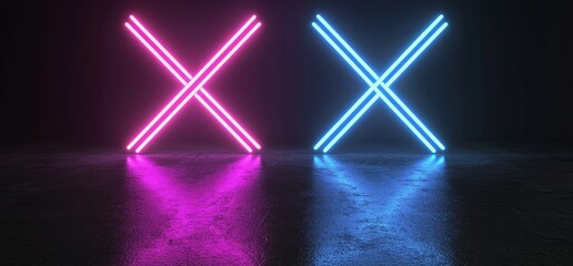 Fototapete - Futuristic Sci Fi Blue And Purple Neon Tube Lights Glowing In Concrete Floor Room With Reflections Empty Space 3D Render