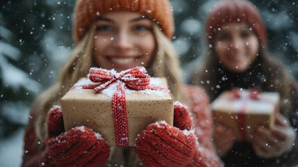 Wall Mural - gift exchange in a snowy park setting, friends bundled in winter clothing, snow-covered trees in the
