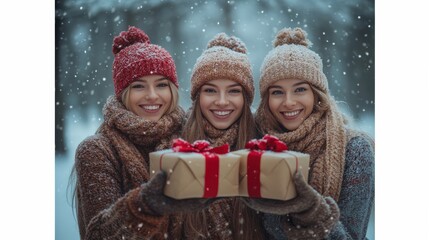 Wall Mural - gift exchange in a snowy park setting, friends bundled in winter clothing, snow-covered trees in the