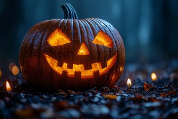 Poster - Candlelight pumpkin with burning fire eyes and mouth. Big spooky helloween symbol has a glowing mad face and smiling with sharp teeth. 1st of October nightmare in black and orange.