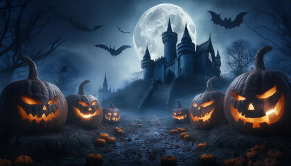 Wall Mural - Halloween background with scary pumpkins candles in the graveyard at night with a castle background