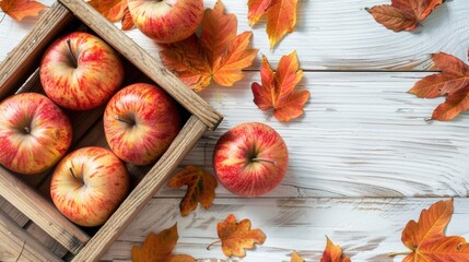 Fresh apple in wooden crate with texture background