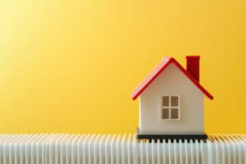 the house heating system is depicted by a white radiator on a yellow wall