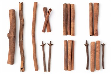 Sticker - Close-up shot of variously shaped cinnamon sticks arranged on a white surface