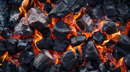 Wall Mural - A close-up view of hot charcoal and flames burning brightly inside a grill