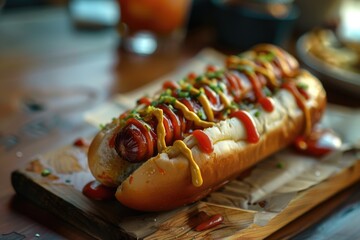 Poster - A close-up shot of a hot dog with ketchup and mustard applied