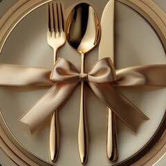 Wall Mural - Golden cutlery set and ribbon on plates. Christmas table setting, closeup top view. Wedding celebration, holiday dinner 