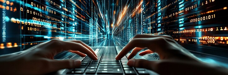 Fototapete - Using data center, database, and computer server to manage data on a laptop. Computer programmer, software engineer coding on laptop with data center, database, and computer server.