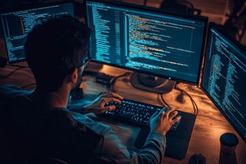 A high angle view of a software developer working on code while using data systems in an office.