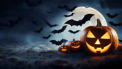 Wall Mural - Halloween pumpkin bats horror background in night moon