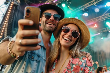 Wall Mural - Couple taking a photo together at a music festival, smiling and holding hands