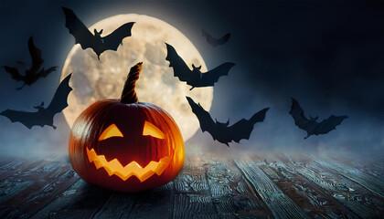 Wall Mural - Halloween pumpkin bats horror background in night moon