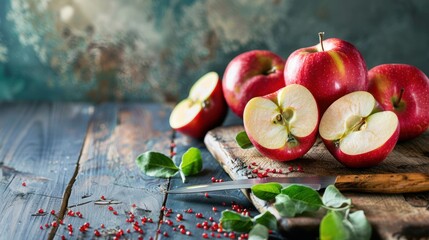 Fresh apple fruit cut on cutting board with knife