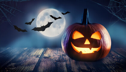 Halloween pumpkin bats horror background in night moon