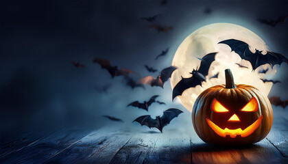 Halloween pumpkin bats horror background in night moon