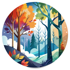 a circular illustration depicting a forest scene with four distinct sections, each representing a different season