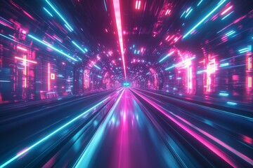 Leinwandbilder - Tunnel tunnel train racing through neon pink and blue lights.