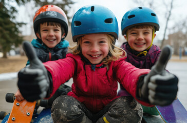 Canvas Print - Three children wearing helmets and holding skateboards, sitting on the edge of an outdoor skateboard park with their thumbs up while smiling at the camera