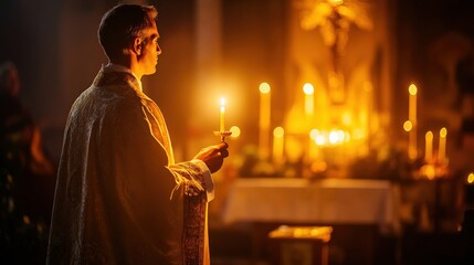 Wall Mural - priest standing at the altar holding a candle, peaceful moment during the midnight mass ceremony, co