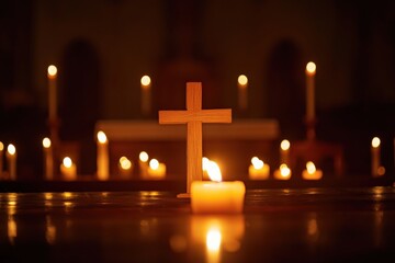 Wall Mural - cross illuminated by candlelight in the church, soft glow surrounding a wooden cross during midnight