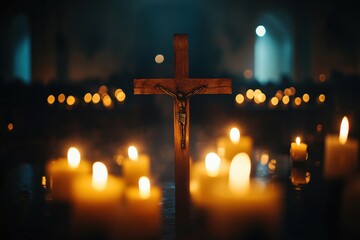 Wall Mural - cross illuminated by candlelight in the church, soft glow surrounding a wooden cross during midnight