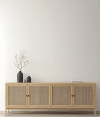 Poster - Mockup of a wall against an interior background, with natural wooden furniture, rendered in 3D