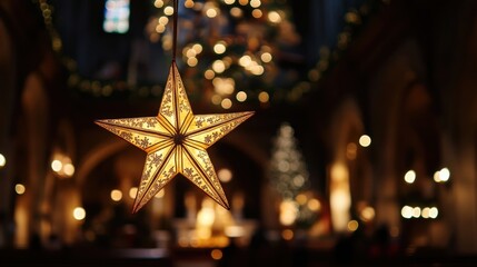 Wall Mural - christmas star hanging above the altar, glowing star illuminating the sacred space during midnight m