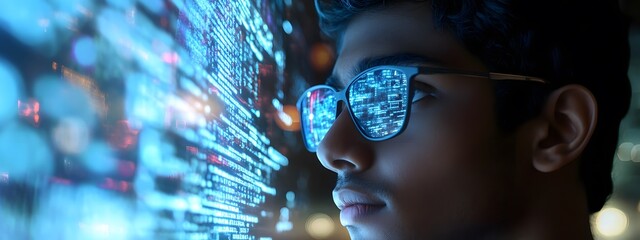 A close-up of an Indian man wearing glasses, surrounded by digital code and holographic data visualizations, representing the integration with artificial intelligence technology