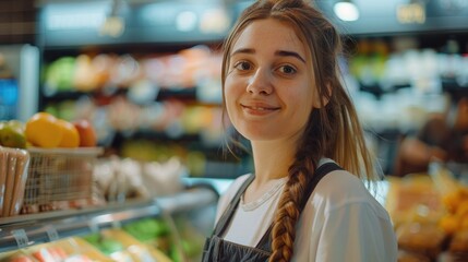 Poster - A woman stands in front of a colorful display of fresh fruits