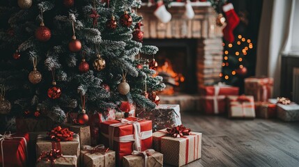 Wall Mural - a christmas tree surrounded by secret santa gifts, festive scene with various presents under the tre