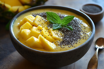 Wall Mural - A bowl of mango smoothie topped with chia seeds and fresh mango pieces.