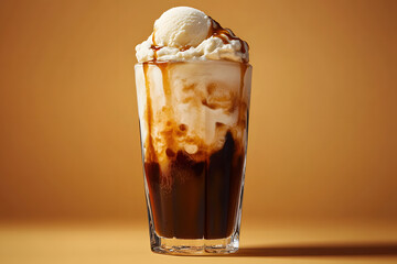 Cold root beer float with vanilla ice cream on an orange background. 